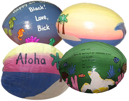 Hand painted personalized <b>coconuts</b> for gifts, favors, invitations, promotional items, corporate gifts, and hip luau party decorations