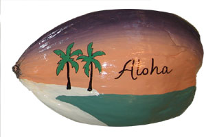 Purple and orange sunset with beach scene Aloha painted coconut