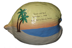 sunset with silhouette beach scene Anniversary gift painted coconut
