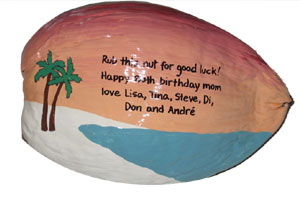 Click to enlarge - Hand painted coconuts for green, personalized birthday gifts, invitations and birthday party favors