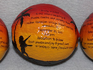 Unique, environmentally friendly, wedding invitation idea - hand painted coconut