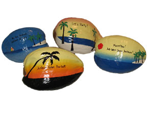 Personalized hand painted series of coconuts for table centerpieces