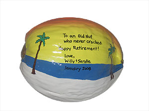 Click to enlarge - Made in the USA, green retirement gift idea - hand painted coconut