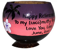 One of a kind Retirement Gift: Purple and pink with white flower painted coconut cup