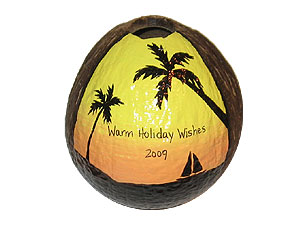 Holiday Ornament - Hollow coconut painted vertical - ready to hang