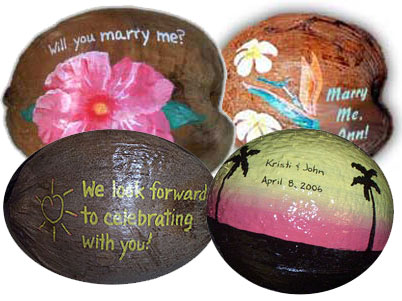 Coconuts for personalized bridal favors, bridal decorations and wedding invitations