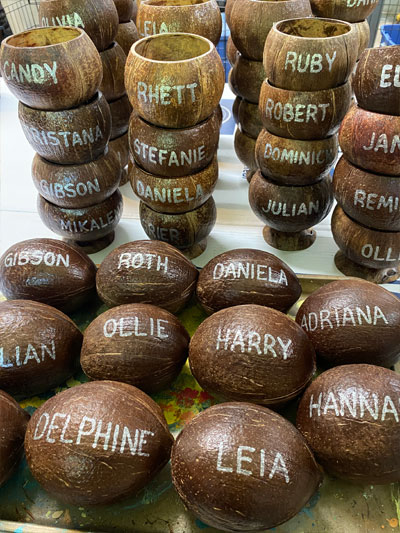 Painted coconuts for placecards and keepsake gifts