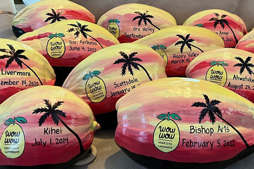 Painted hollow coconuts with scrolled invitation make green and eco-friendly gifts