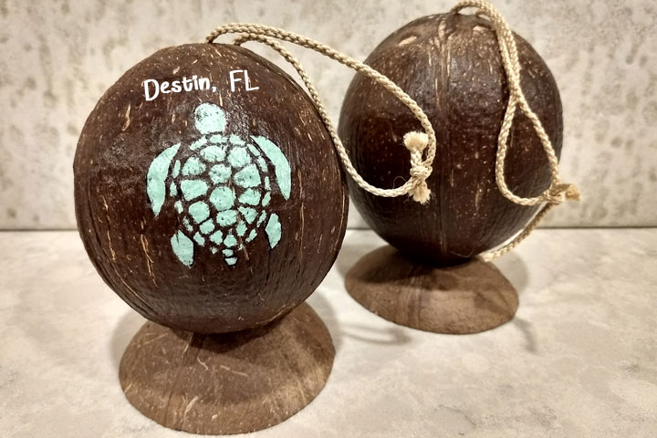 Add your city name to this painted coconut. The coconut stand shown is an optional purchase.